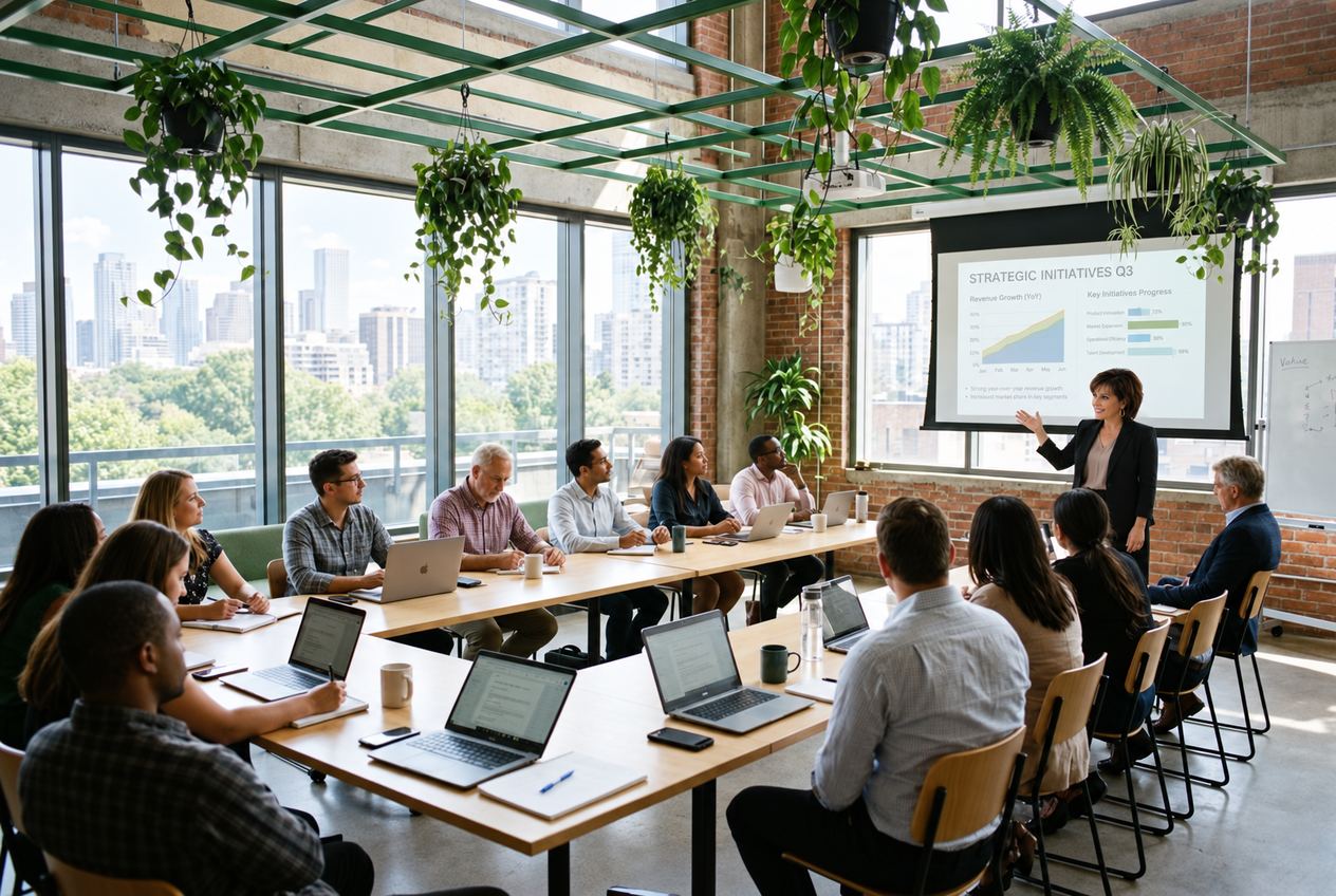 Michele Smith presenting to a leadership group in a plant-filled loft meeting room