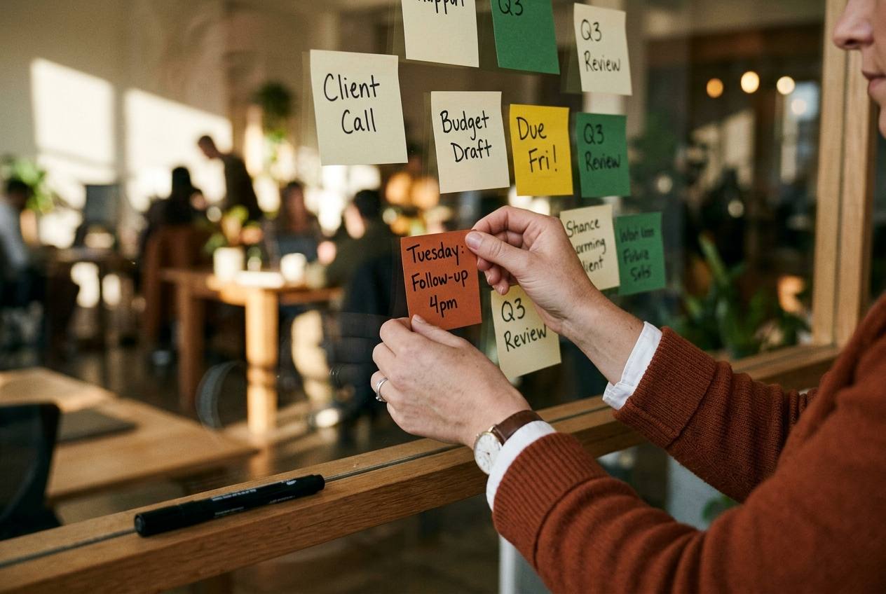 Hands adding a note to a glass wall already covered in a working session’s thinking