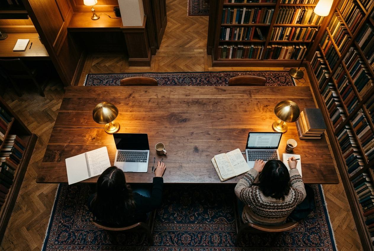 Long working tables seen from above, lamps lit, two people heads-down on the same problem